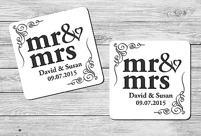 £4.95 • Buy Pair Set Of 2 Personalised Mr & Mrs Wedding Day Drink Coasters Gift Set Present.