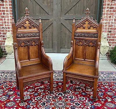 Antique French PAIR Bishops Throne Alter Chairs Gothic Revival Oak 19thC • $5800