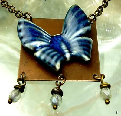 Pretty Blue Ceramic Pottery Butterfly Copper Tone Metal Crystal Dangle Necklace! • $11.99