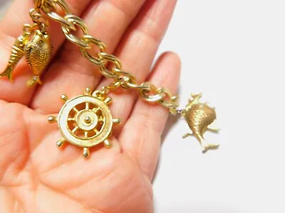 Fish Working Compass Gold Tone Metal Nautical Charm Bracelet Vintage • $19.47