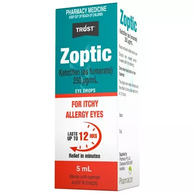 TRUST Zoptic Eye Drops 5mL For Itchy Allergy Eyes (Zaditen Generic) Ketotifen • $19.56