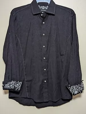 ZAGIRI Mens Shirt XL Embroidered Flip Cuff Floral Button Up Textured Black #266 • $12.99