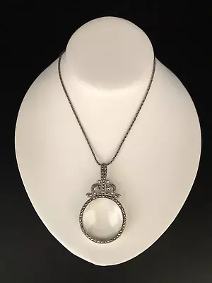 Vintage Sterling Silver & Marcasite Magnifying Glass Pendant Necklace • $53.65