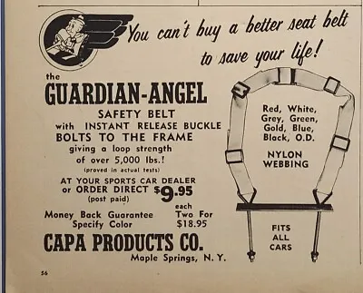 Guardian Angel Auto Racing Safety Belt Maple Springs NY Vintage Print Ad 1956 • $10.77