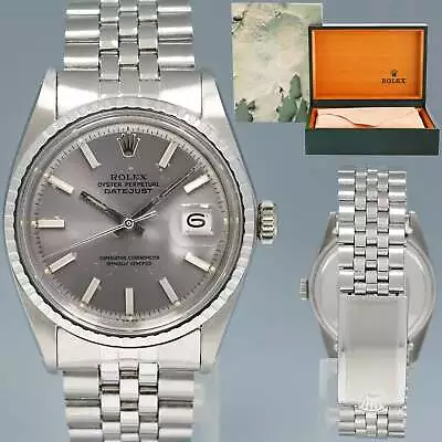 Rolex DateJust 1603 Grey Stick Steel 36mm Jubilee Band Watch Box • $3992.13