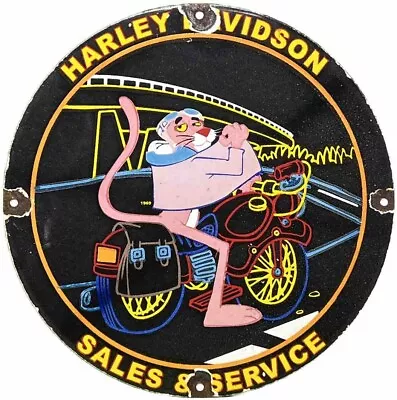 Vintage Harley Davidson Motorcycles Porcelain Dealer Sign Gas Oil Pink Panther • $116.38