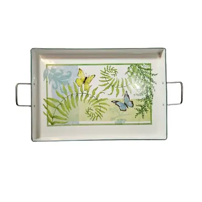 Susan Winget White Metal Tray With Butterflies CR Gibson 16  X 11  With Handles • $24.99