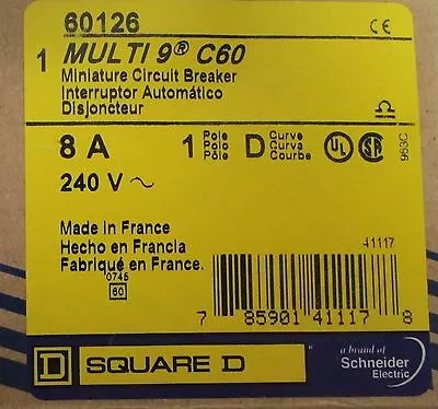 SQUARE D MERLIN GERIN Multi 9 C60 Single Pole 8 Amp Mini Circuit Breaker 60126 • $20