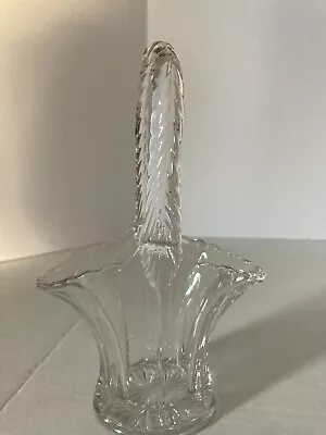 Vintage Clear Glass Wedding Basket With Feathered Handle 7  Tall - So Cute!  • $8.99