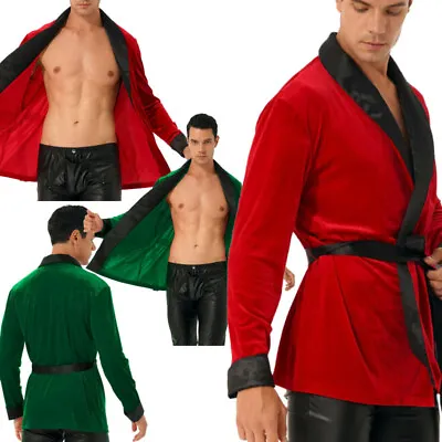 US Mens Christmas Smoking Robe Jacket Long Sleeve Velvet Kimono Bathrobe +Belt • $25.28