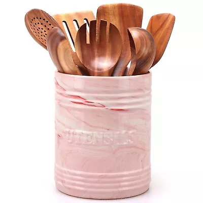 Pink Marble Utensil Holder Large Ceramic Utensil Crock Kitchen Gadget Accesso... • $31.14