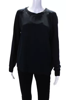 Vince Womens Knit Trim Long Sleeve Crew Neck Top Blouse Navy Blue Silk Small • $41.49