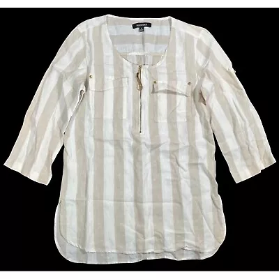 Ellen Tracy Linen Tunic Top Stripes Convertible Roll Tab Sleeves Small Cream • $9.99