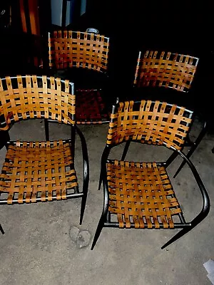 Set Of 4 Italian Modern Patinaed Metal And Leather Strap Armchairs 1970 • $8500