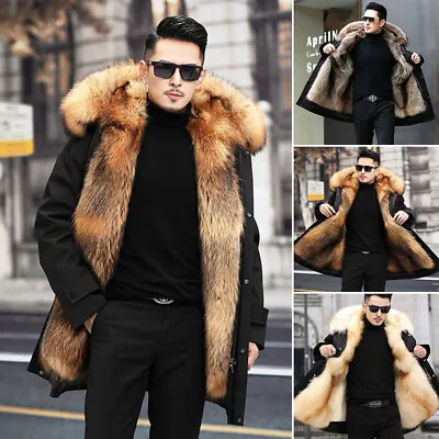 Coat Overcoat Jacket Parka Outwear Long Winter Warm Men Hooded Faux Fur • £69.86