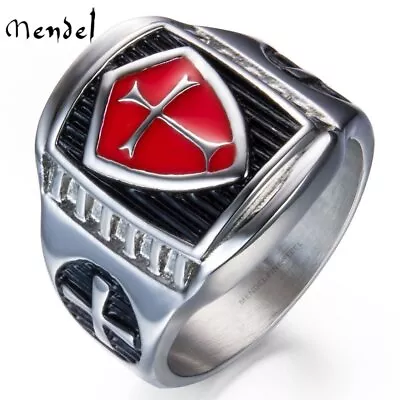 MENDEL Mens Shield Cross Knights Templar Ring Silver Stainless Steel Size 7-15 • $10.99