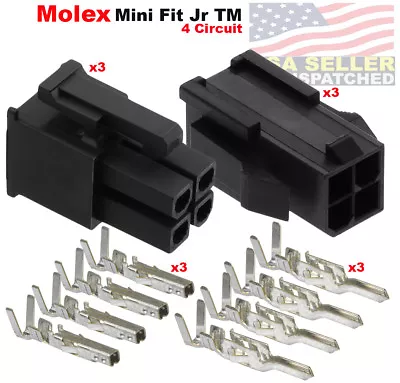 Molex 4 Pin Black Connector 4.20mm W/18-20-22-24 AWG Pin Mini-Fit Jr ™ (3-Set) • $10.12