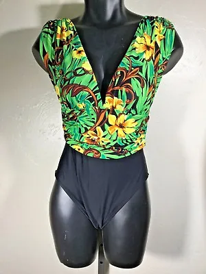 VTG Via Marina 12 Black Green Tropical Hawaiian Deep V One Piece Swimsuit • $16.99