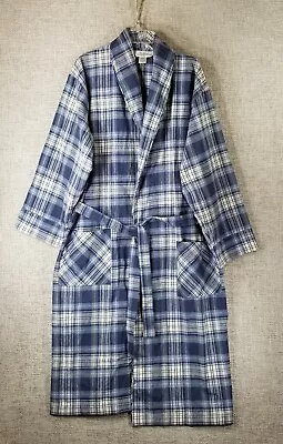 Vermont Country Store Flannel Robe Mens S Chest 48  Blue Plaid Cotton Tie Belt • $35