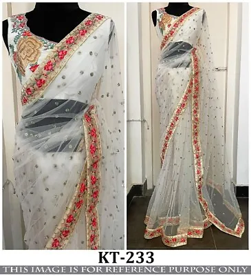£29.99 • Buy Net Saree Thread Sequence Work Indian Bollywood Party Wear Designer Wedding Sari