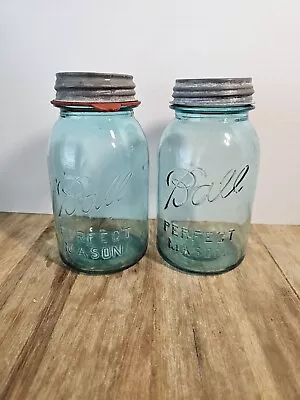 2 Vintage BALL Blue Glass Perfect Mason Canning Jar Zinc Porcelain Lid Quart #4 • $20