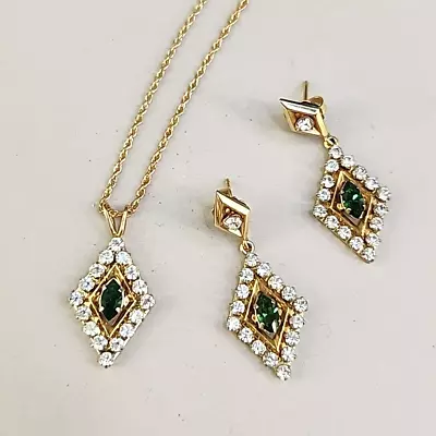 Krementz Necklace Pierced Earrings Set Vtg Gold Tone Diamond Shape Green Glass • $39