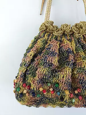 Vtg 40 50s Knitted Drawstring Purse Satchel Beaded Bag Metallic Retro Cocktail  • $56.25