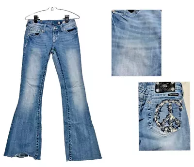 Miss Me Peace Sign Flare Leg Low Rise Y2K Jeans Womens Size 26 Blue Denim • $33.95