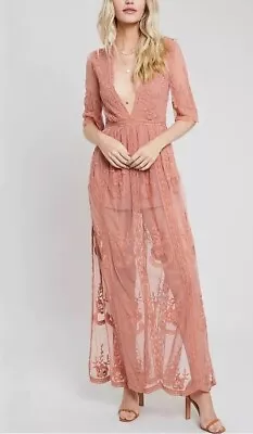 HONEY PUNCH Rose Color Bohemian Embroidered Lace Maxi Dress Size S • $49