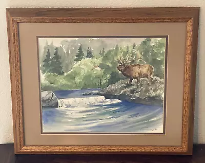 VTG 92 Elk Watercolor Painting Mountain River Landscape Signed Framed 20 X16  • $65