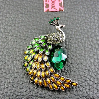 $0.99 • Buy Women's Green Enamel Crystal Cute Peacock Betsey Johnson Charm Brooch Pin