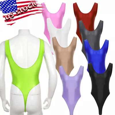 US Mens Backless Leotard Top One Piece Glossy Bodycon Bodysuit High Cut Thong  • $8.27