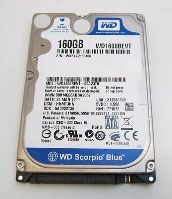 Western Digital WD1600BEVT 160 GB 5400RPM SATA 8 MB 2.5  Hard Drive Used 29 Hrs • £7.95