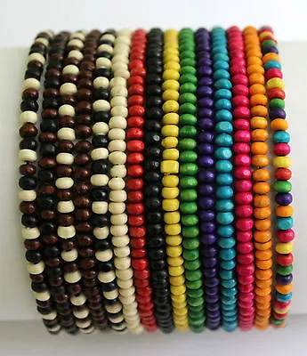 Mens Wooden Bead Tribal / Surfer Elastic Bracelet - 4x3mm Beads - 15 Colours NEW • $2.80