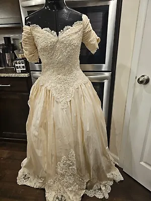 Vintage Salina Beaded Sequin Lace Creme Ballgown Wedding Dress 8 (Rare) • $426.57