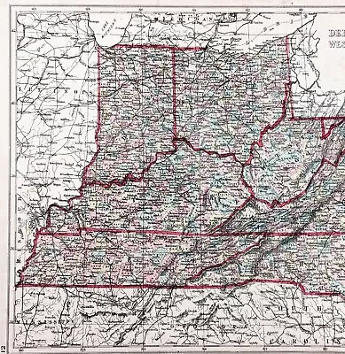 1875 KENTUCKY TENNESSEE Map ORIGINAL OHIO WEST VIRGINIA INDIANA Maryland • $28