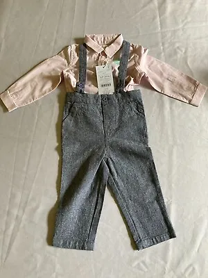 £22 • Buy MONSOON Baby Boy TROUSER AND SHIRT SET AGE 12-18 MTHS GREY/PINK WEDDING OCCASION