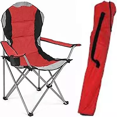 Padded Folding Camping Deluxe Fold Chairs High Back With Cup Holder & Carry Bag • £20.99