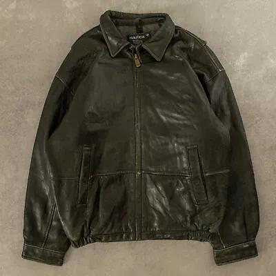 Nautica Vintage Leather Jacket L Men's Washed Black • $88.41