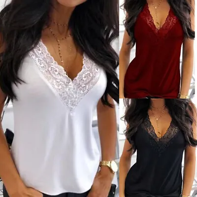 $12.92 • Buy Womens Lace V Neck Sleeveless Vest Tops Ladies Summer Tank T-shirt Tee Blouse US