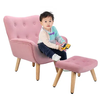 Pink Velvet Armchair Scalloped Button Wing Back Chair Sofa Stool Footrest Childs • £79.95