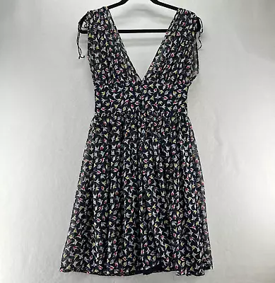 ZARA Basic Dress Sz M Birds All Over Print A-Line Deep V-Neck Knee Length Black • £17.36