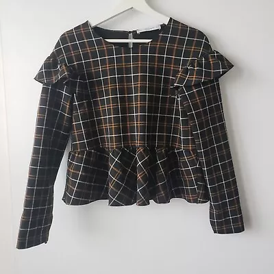 Zara Trafaluc Peplum Windowpane Plaid Ruffle Top Size S • $19.99