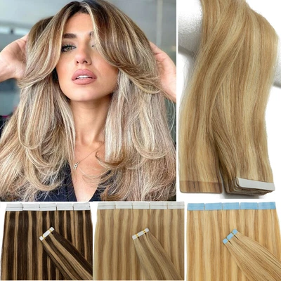 £23.28 • Buy THICK Tape In Hair Extensions Glue 100% Remy Human HAIR Weft FULL HEAD Balayage
