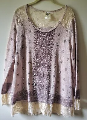 Vocal Womens Tunic Top Lace Embellished Romantic Beige Brown Sparkle Size XL USA • $27
