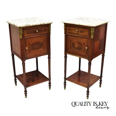 Antique French Louis XVI Marquetry Inlay Marble Top Nightstand Washstand - Pair • $3800