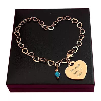 Personalised Birthstone Bracelet Of Rose Gold Hearts Chain Engraving Gift • $51.06