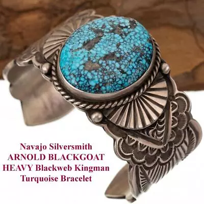 ARNOLD BLACKGOAT Bracelet Cuff Black Spiderweb KINGMAN Turquoise Sterling MENS • $968.15