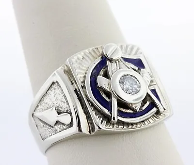 14K Masonic Plumb & Trowel Past Master (PM) 0.15ct Diamond Blue Enamel Ring- 9.5 • $1639.99
