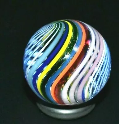 Steven Maslach Glass Marble/.886 -rainbow Double With Green Lutz-many Ribbons • $112.49